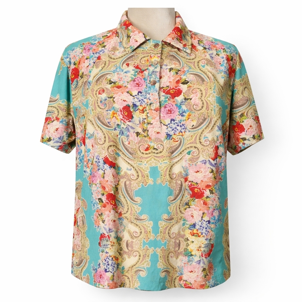 Johnny Was Women Boho Floral Paisley Polo Top Bamboo Blend Short Sleeve Size M